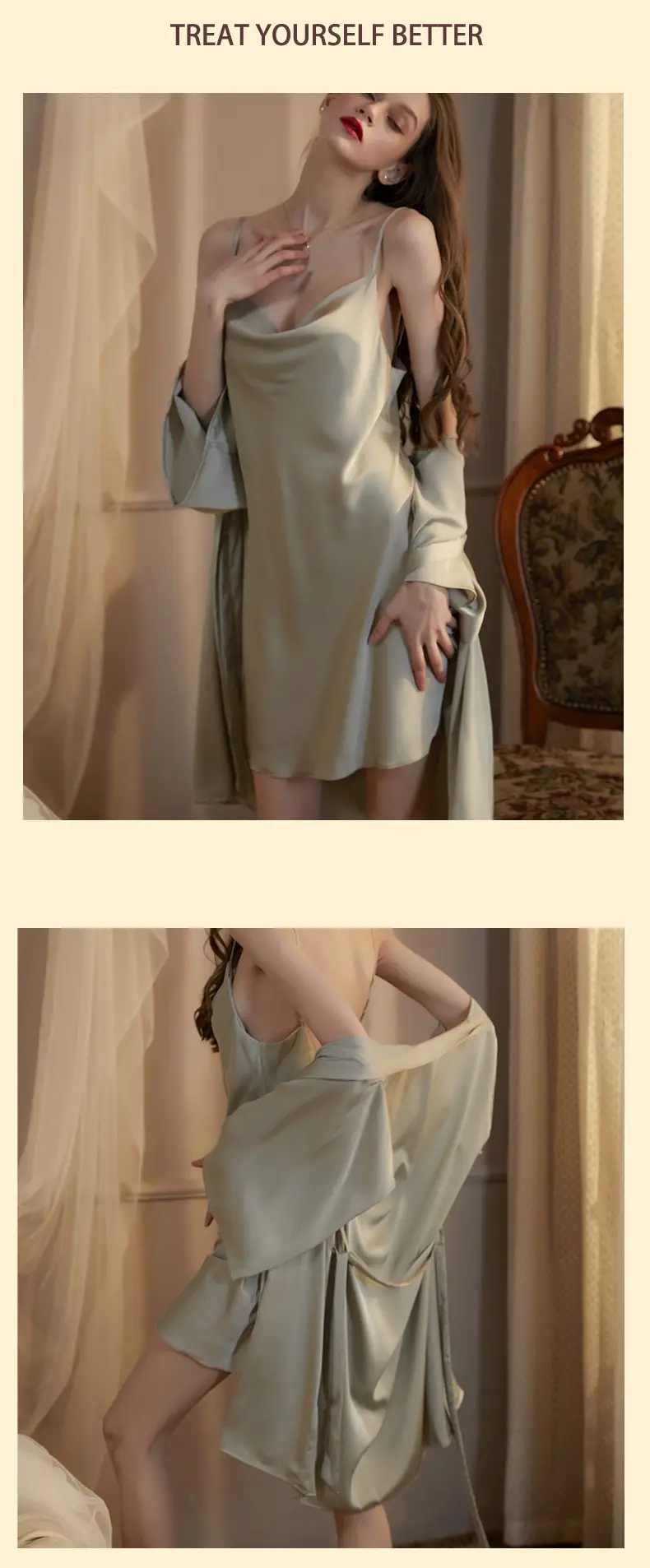 Sexy Pajamas Women's Summer New Sling Nightgown Ice Silk Swing Collar Split Beautiful Back New Home Clothes Cross Border — feature 8