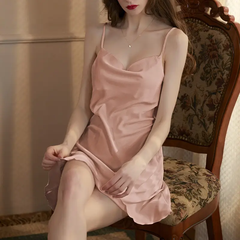 Sexy Pajamas Women's Summer New Sling Nightgown Ice Silk Swing Collar Split Beautiful Back New Home Clothes Cross Border