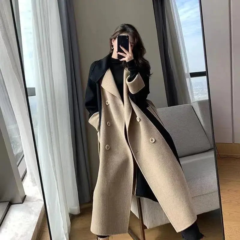 Women Woolen Long Coat Black Beige Contrast 2025 - Image 7