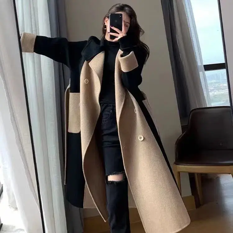 Women Woolen Long Coat Black Beige Contrast 2025 - Image 3