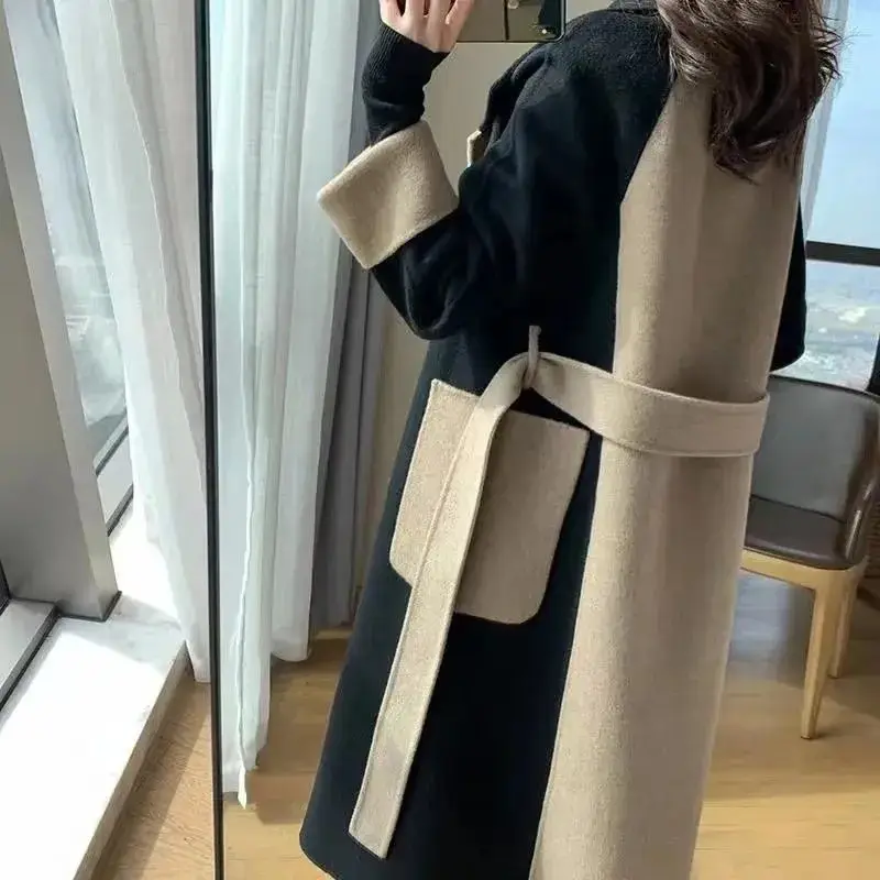 Women Woolen Long Coat Black Beige Contrast 2025 - Image 4