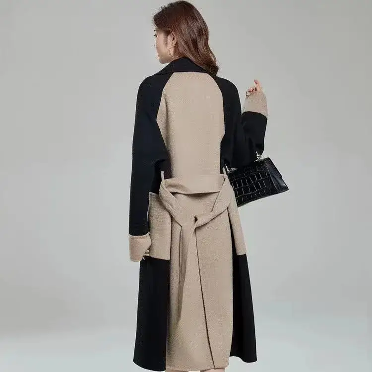 Women Woolen Long Coat Black Beige Contrast 2025 - Image 5