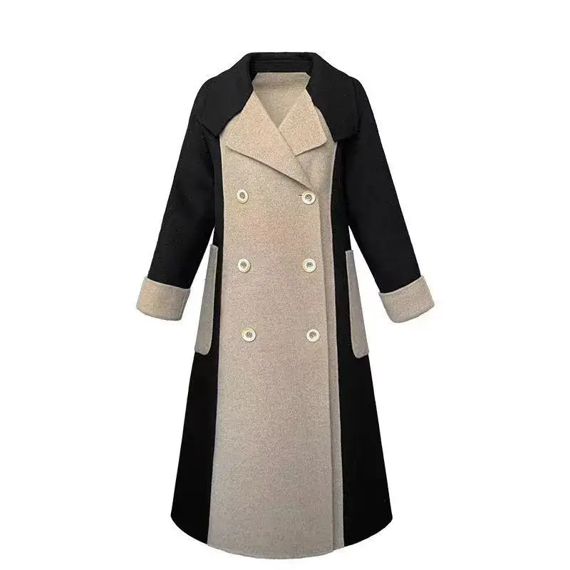 Women Woolen Long Coat Black Beige Contrast 2025 - Image 6