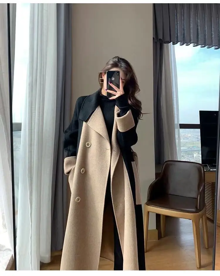 Women Woolen Long Coat Black Beige Contrast 2025 — feature 10