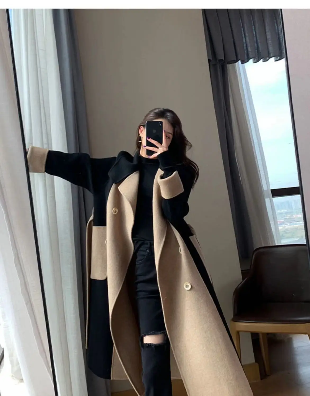 Women Woolen Long Coat Black Beige Contrast 2025 — feature 11