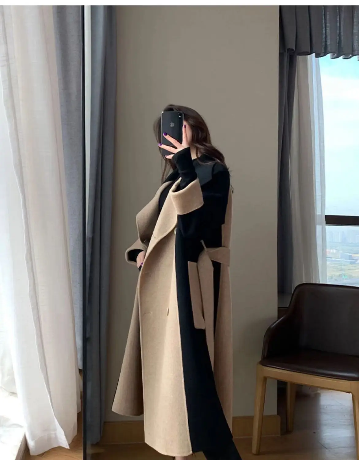 Women Woolen Long Coat Black Beige Contrast 2025 — feature 12