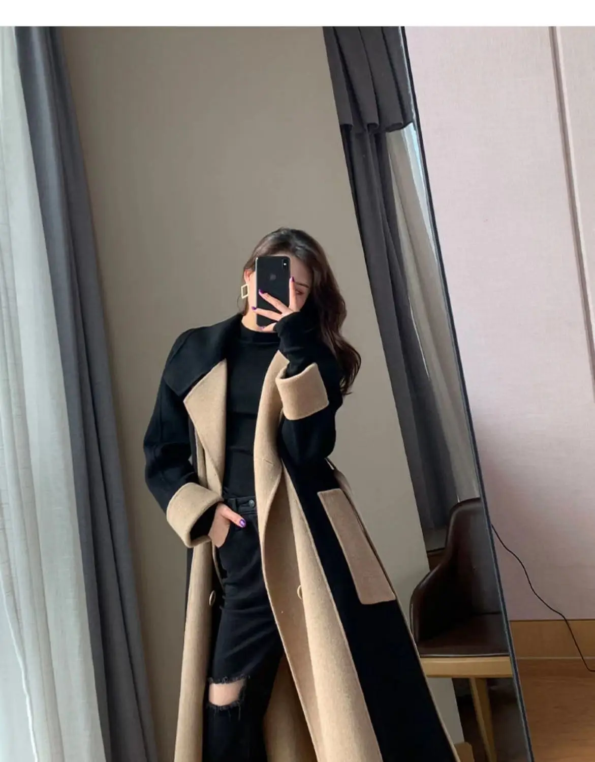 Women Woolen Long Coat Black Beige Contrast 2025 — feature 13