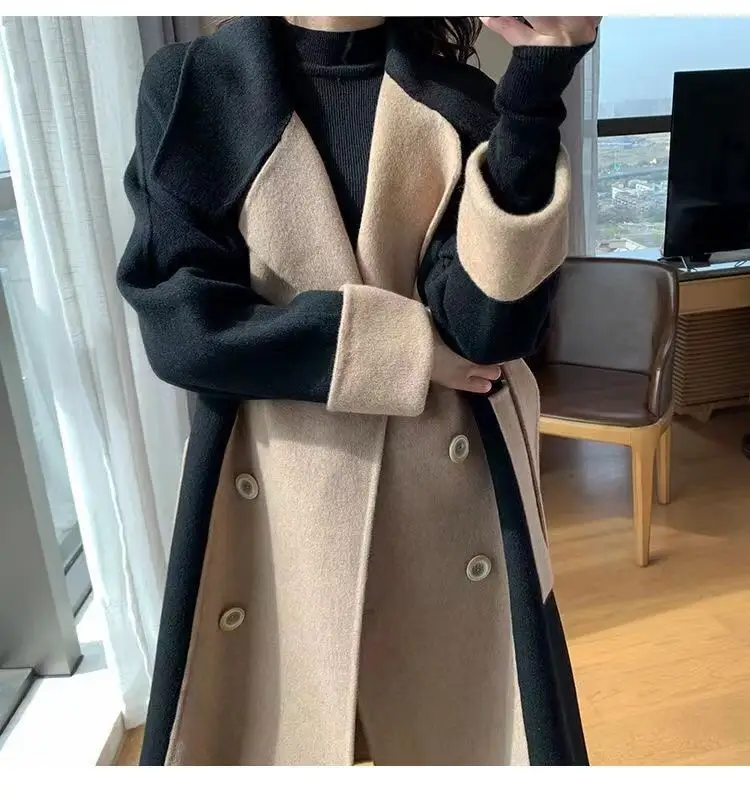 Women Woolen Long Coat Black Beige Contrast 2025 — feature 14