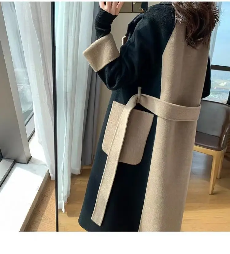 Women Woolen Long Coat Black Beige Contrast 2025 — feature 15