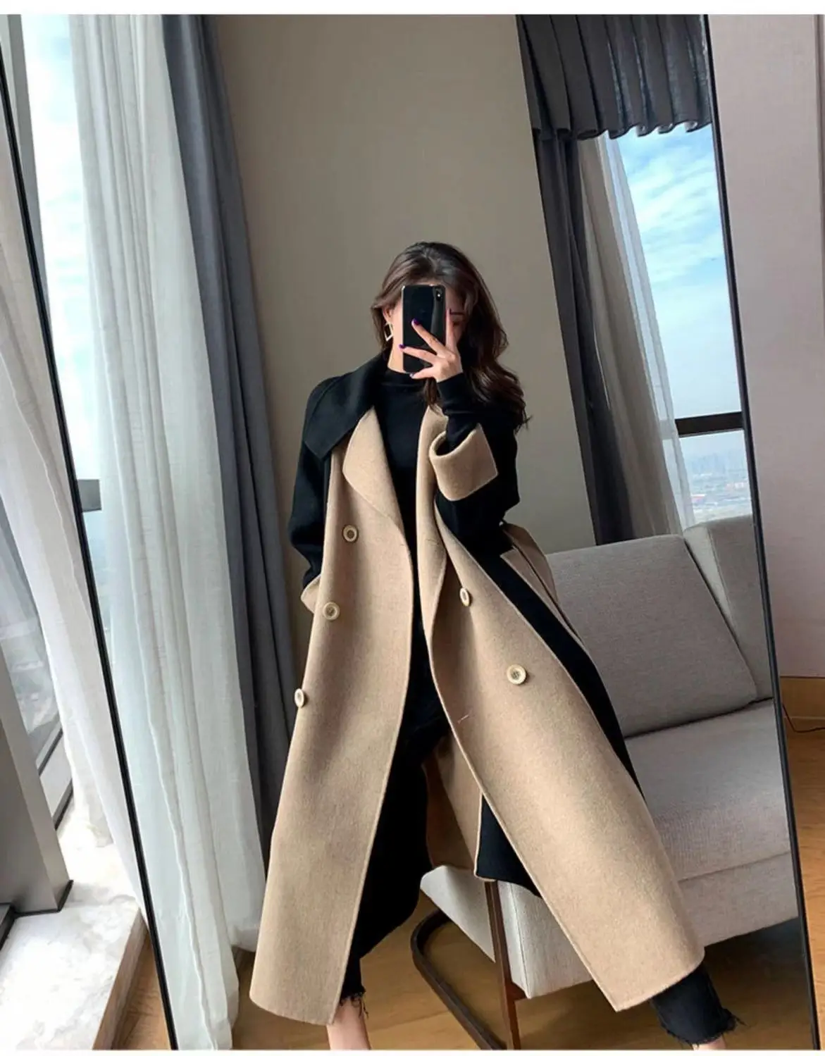 Women Woolen Long Coat Black Beige Contrast 2025 — feature 4