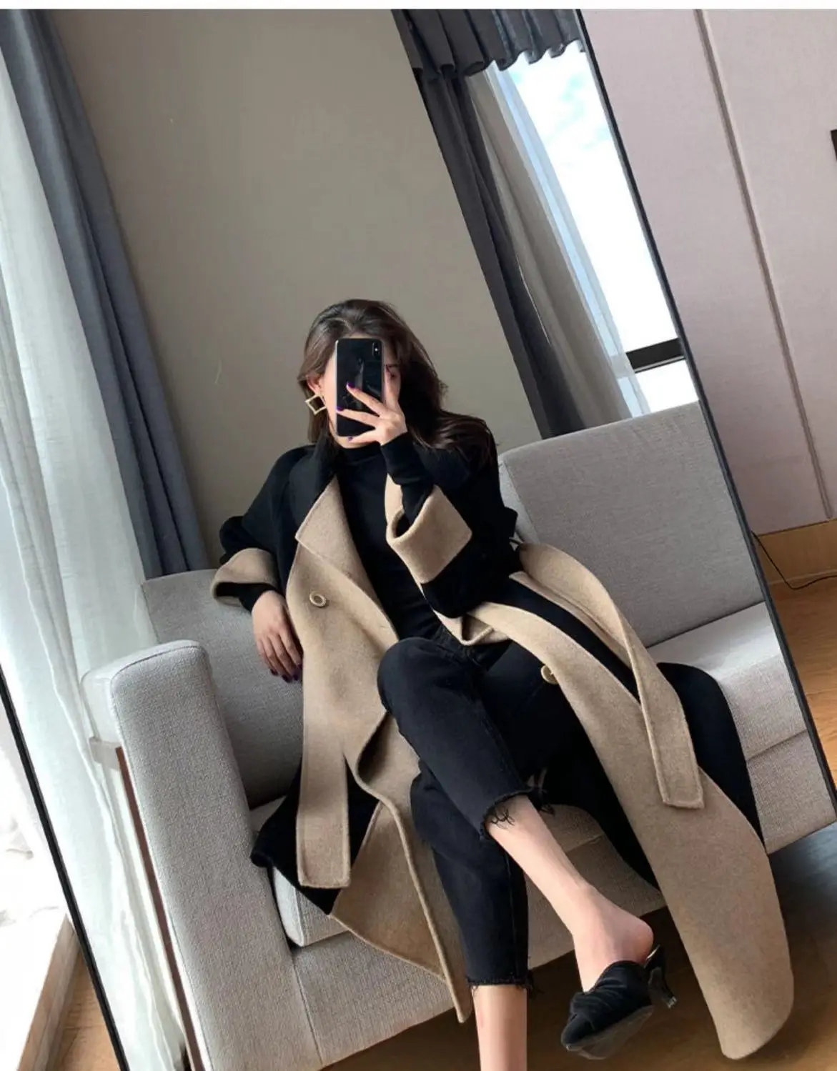 Women Woolen Long Coat Black Beige Contrast 2025 — feature 5