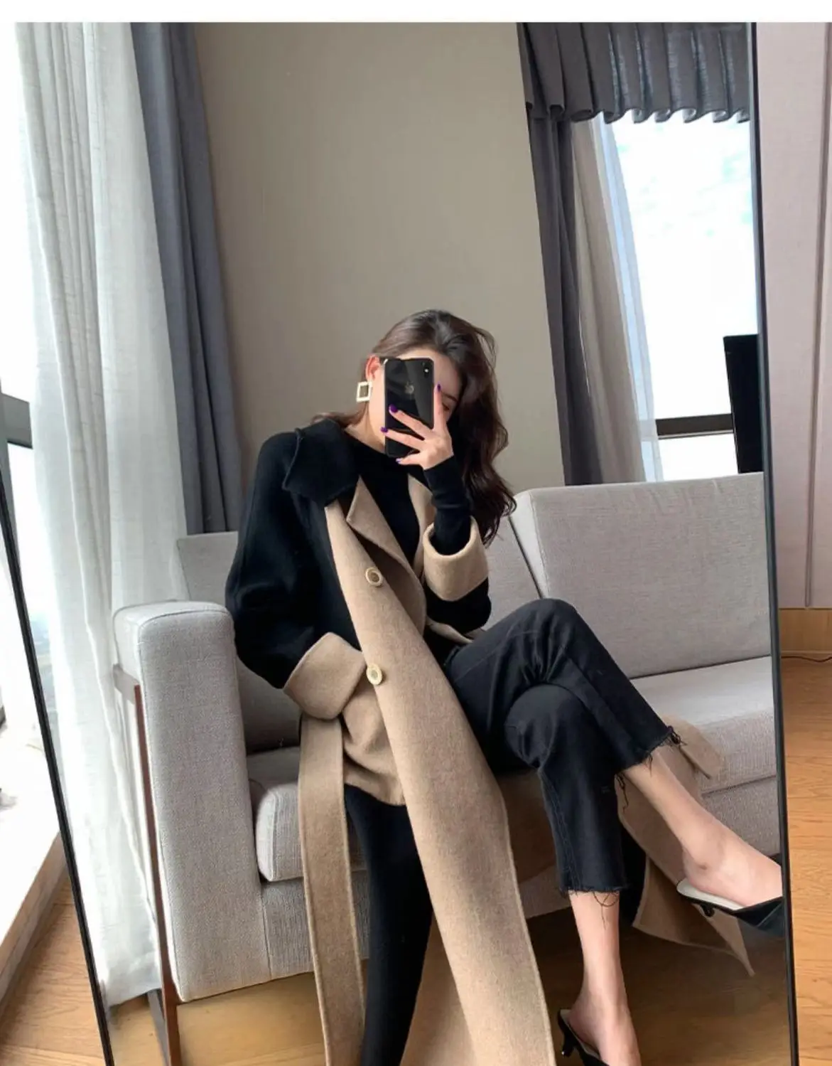 Women Woolen Long Coat Black Beige Contrast 2025 — feature 6
