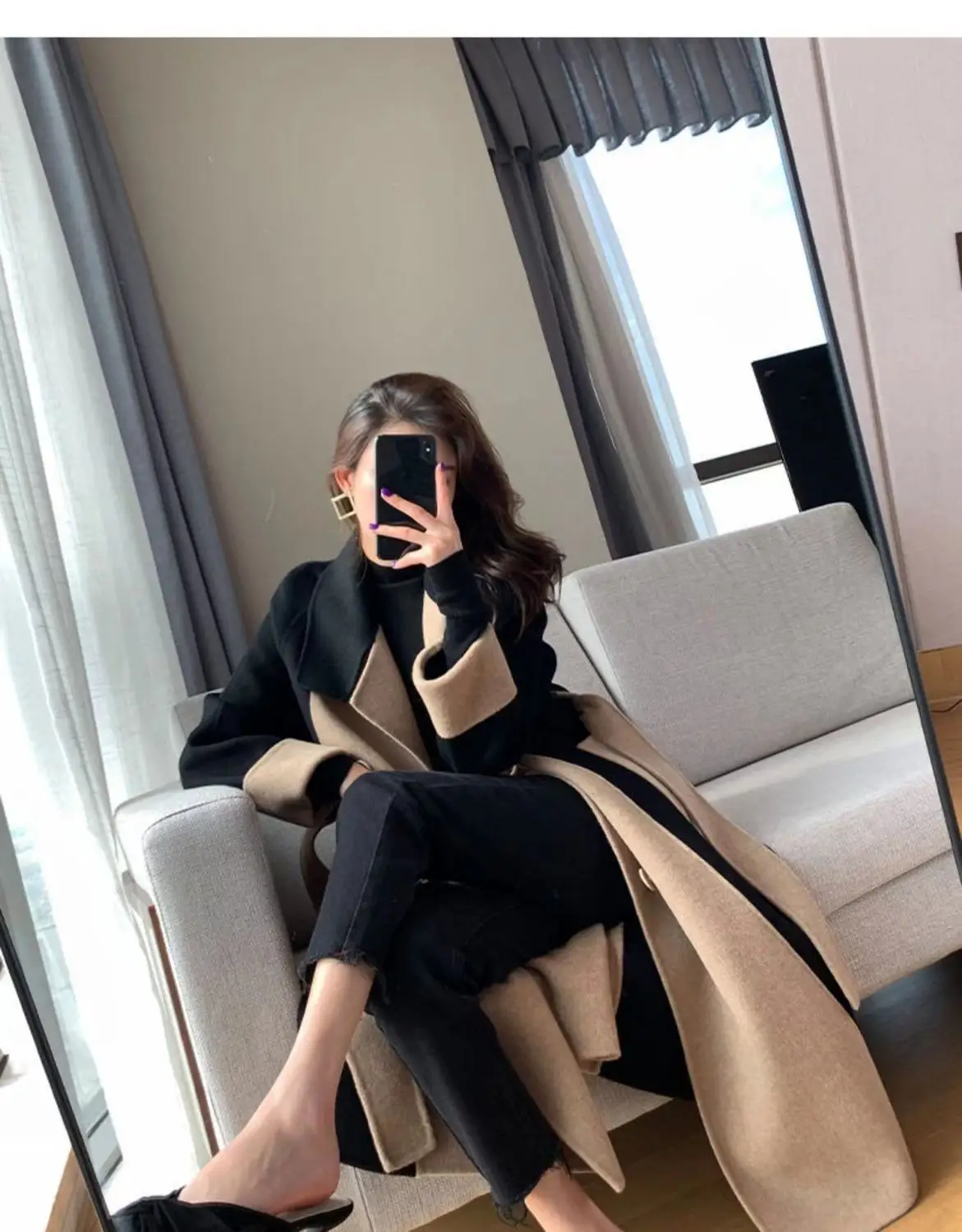 Women Woolen Long Coat Black Beige Contrast 2025 — feature 7