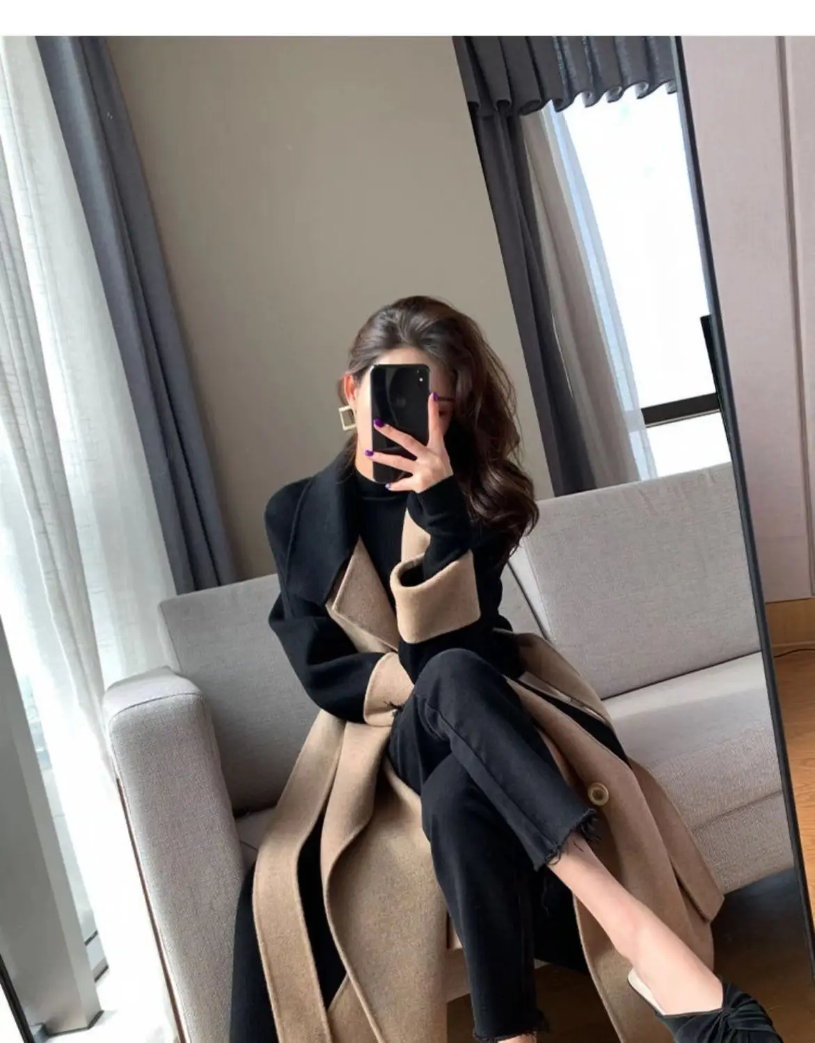 Women Woolen Long Coat Black Beige Contrast 2025 — feature 9