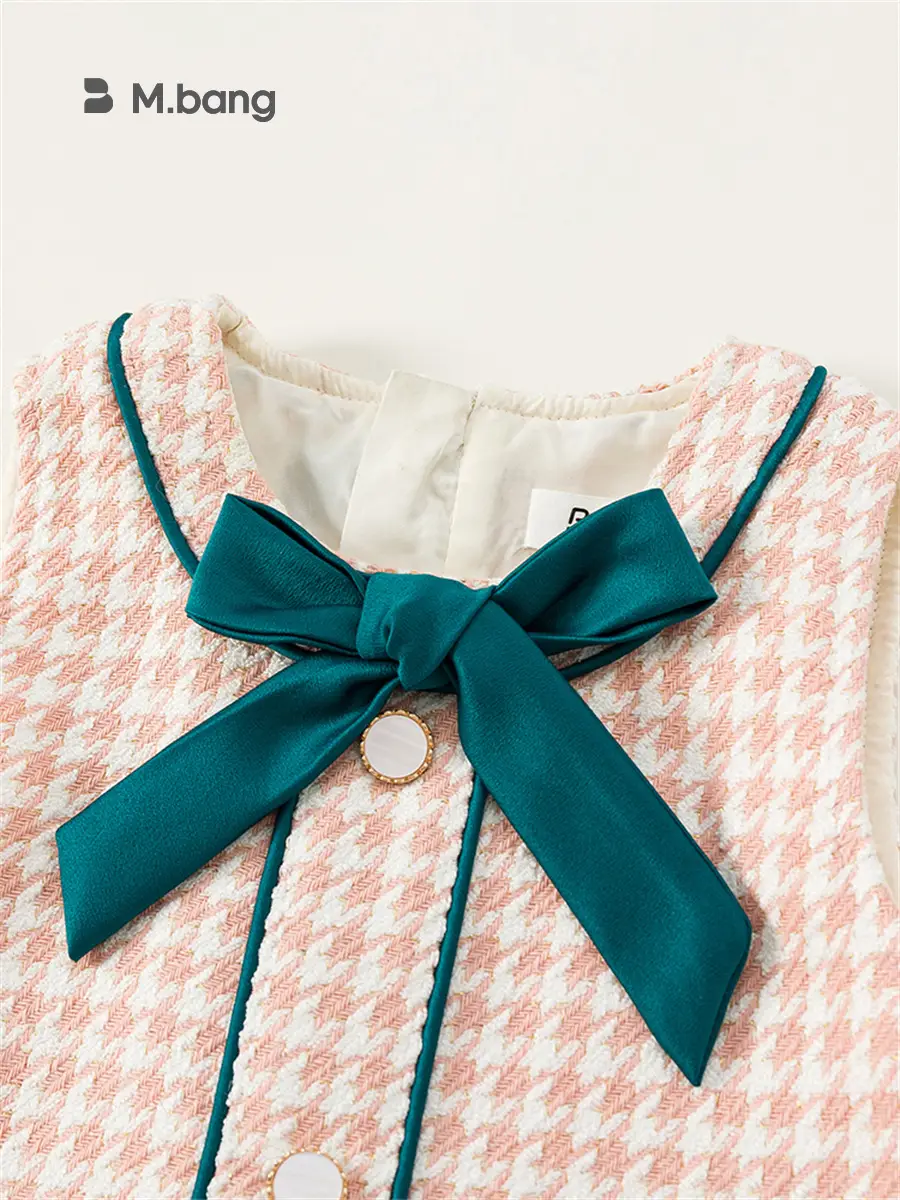 Girls Bow Vest Dress Pink Houndstooth Toddler A-Line - Image 6