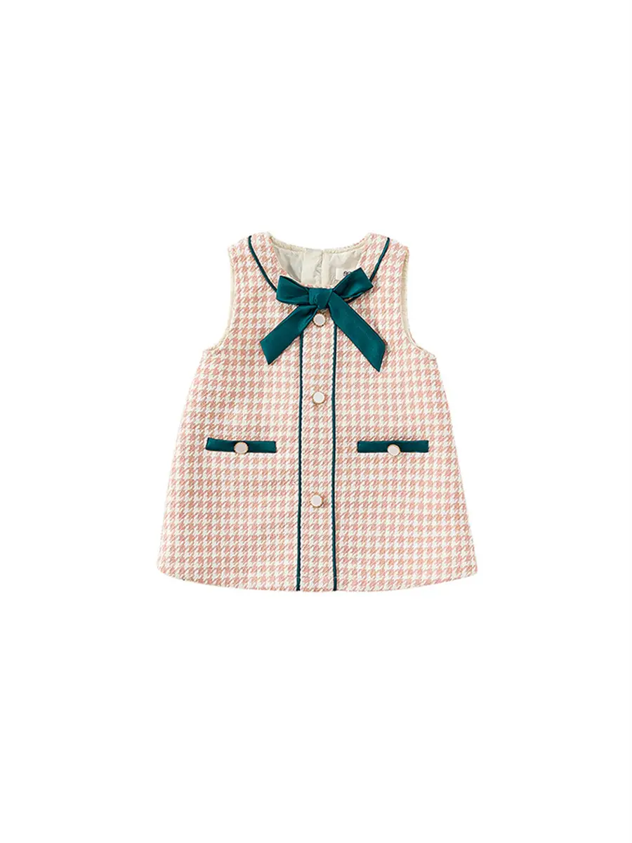 Girls Bow Vest Dress Pink Houndstooth Toddler A-Line - Image 7