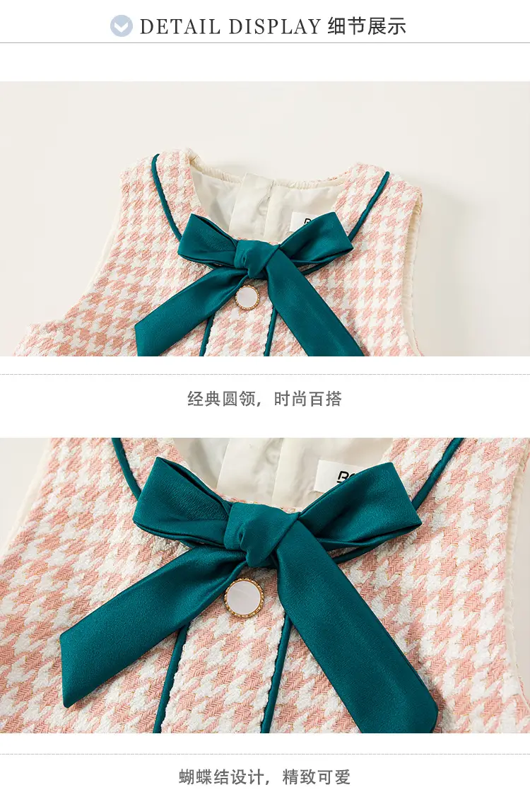 Girls Bow Vest Dress Pink Houndstooth Toddler A-Line — feature 13