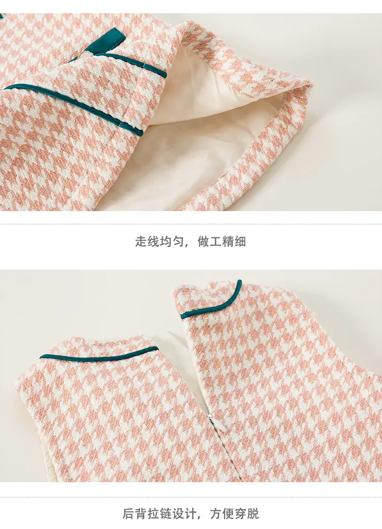 Girls Bow Vest Dress Pink Houndstooth Toddler A-Line — feature 15
