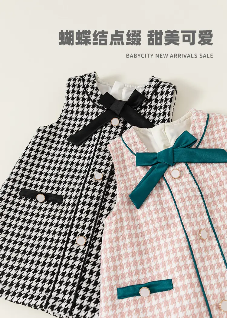 Girls Bow Vest Dress Pink Houndstooth Toddler A-Line — feature 4