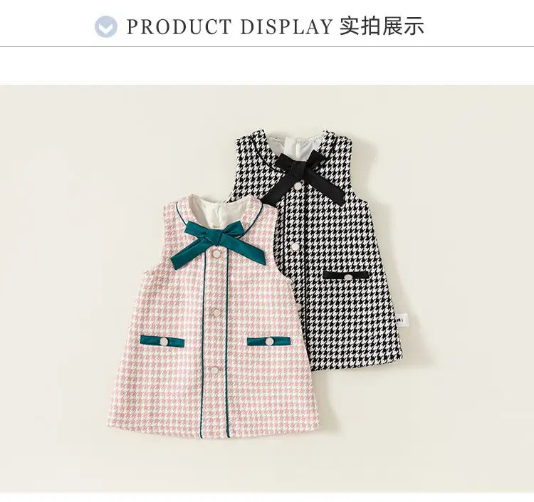 Girls Bow Vest Dress Pink Houndstooth Toddler A-Line — feature 9