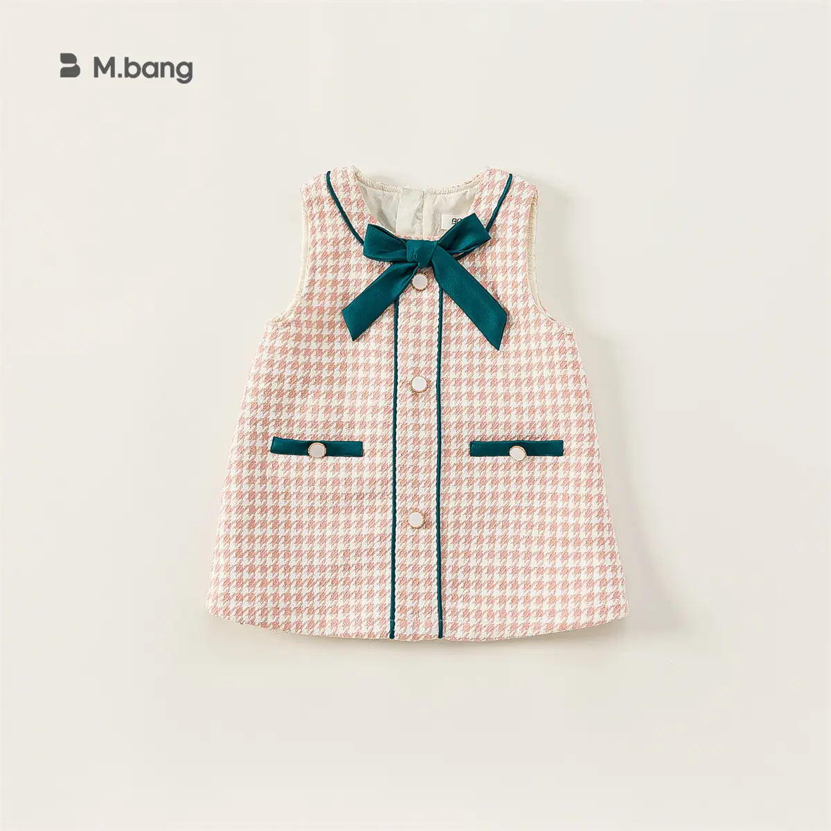 Girls Bow Vest Dress Pink Houndstooth Toddler A-Line - Image 2