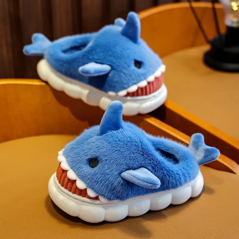 Children's cotton slippers winter boys and girls cartoon cute shark personality home warm thick plush slippers wholesale
