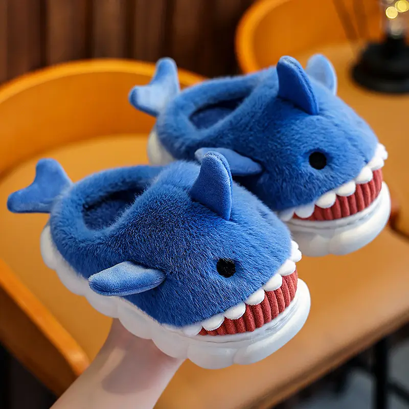 Children's cotton slippers winter boys and girls cartoon cute shark personality home warm thick plush slippers wholesale