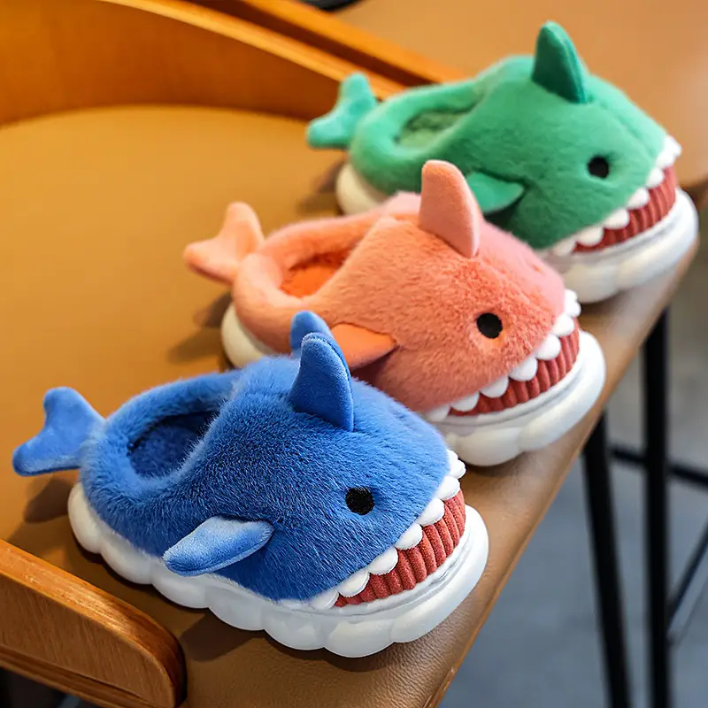 Children's cotton slippers winter boys and girls cartoon cute shark personality home warm thick plush slippers wholesale