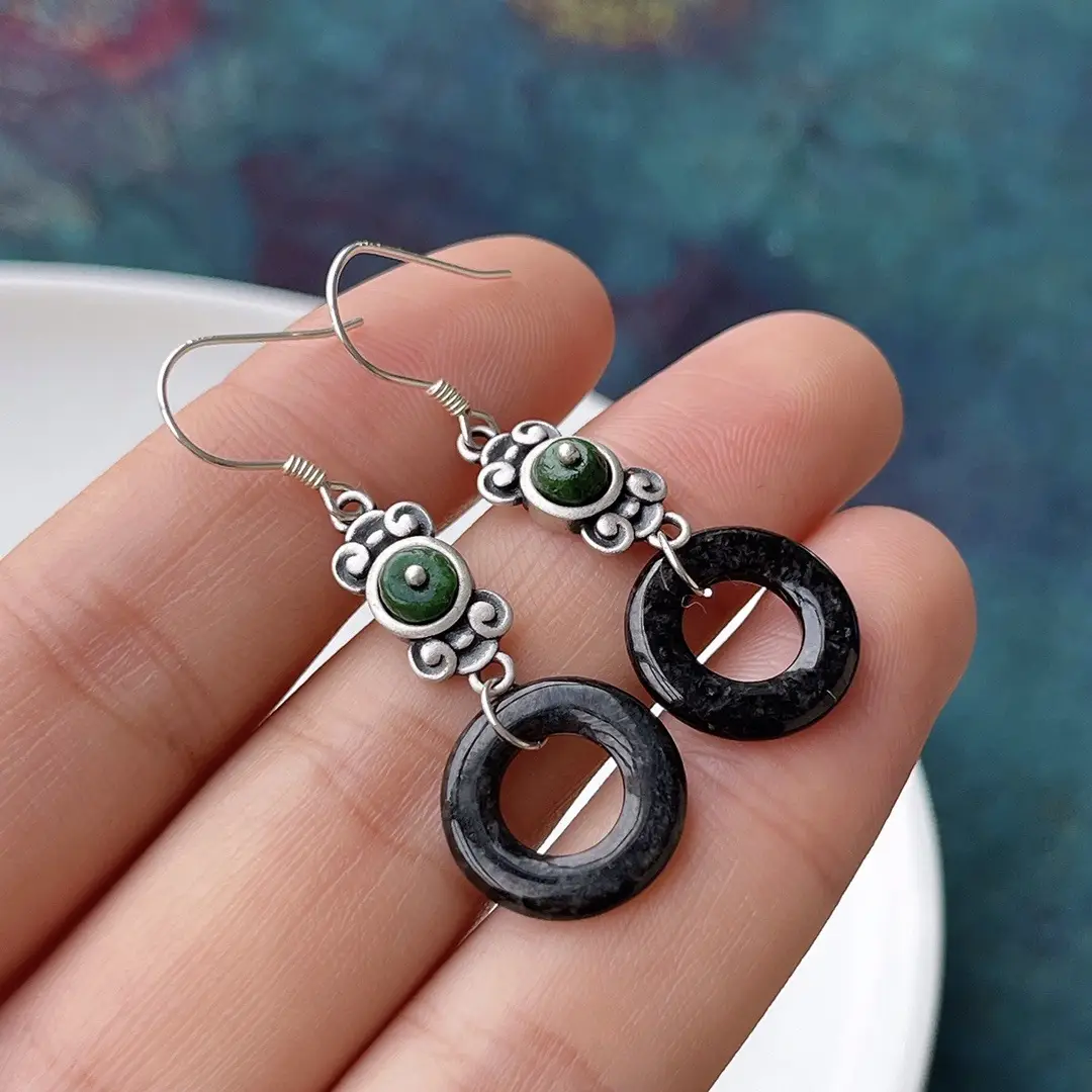 Jade Black Buckle Earrings Gold Plated 925 Silver — feature 49