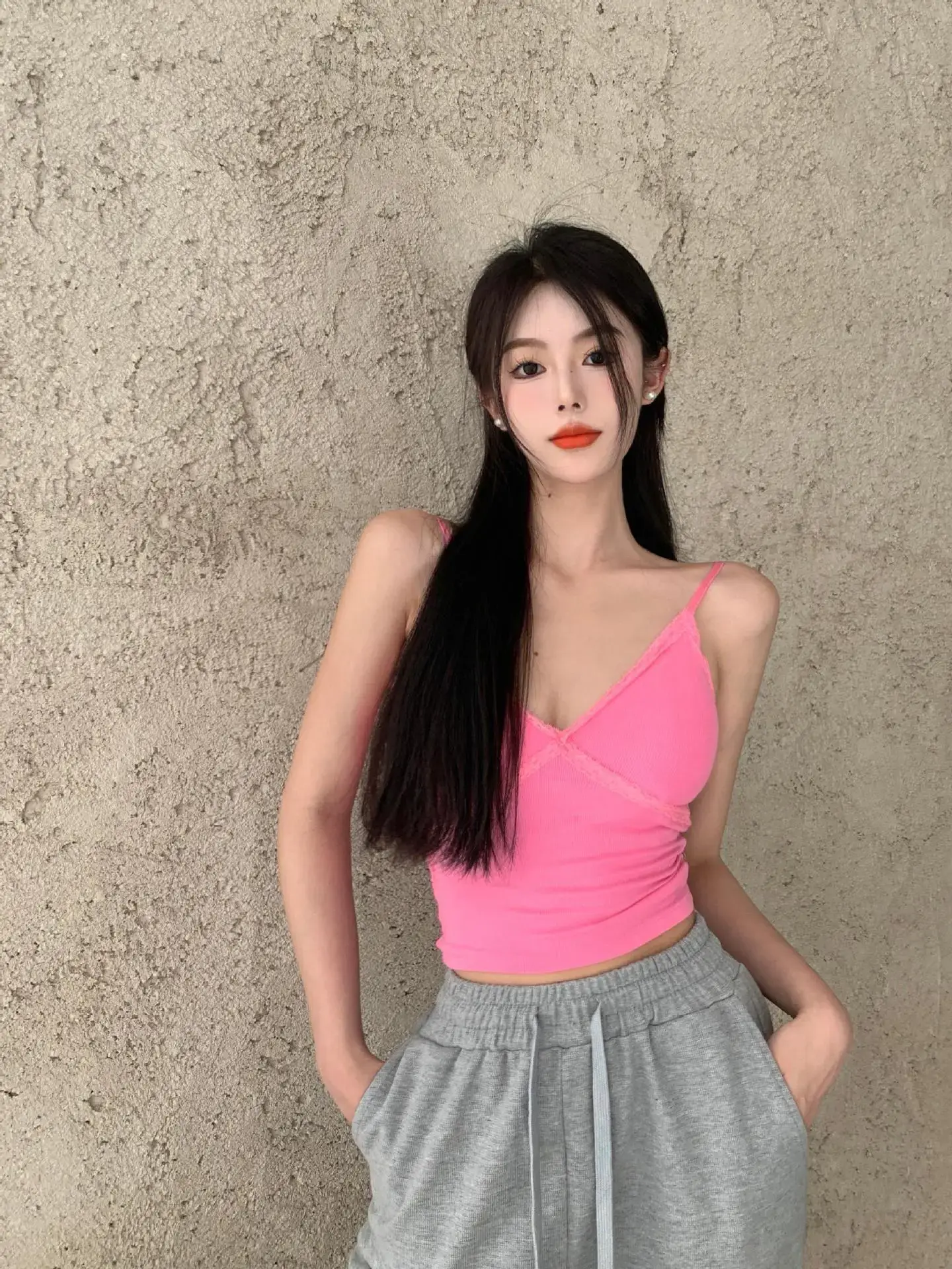 Pink V Neck Camisole Top with Built-In Chest Pad — feature 5