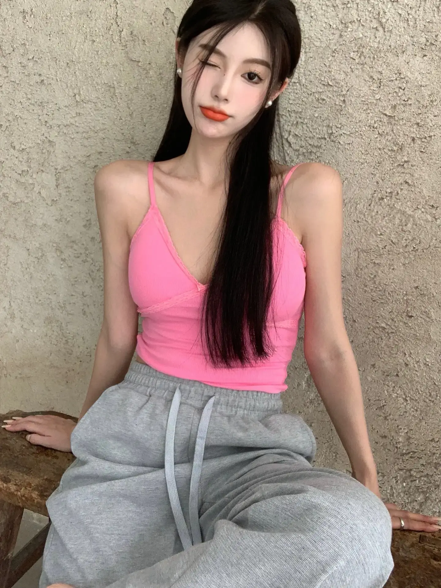 Pink V Neck Camisole Top with Built-In Chest Pad — feature 9
