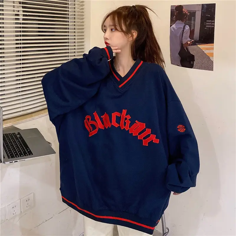 Black Star V-Neck Sweatshirt Women 2022 Winter - Image 3