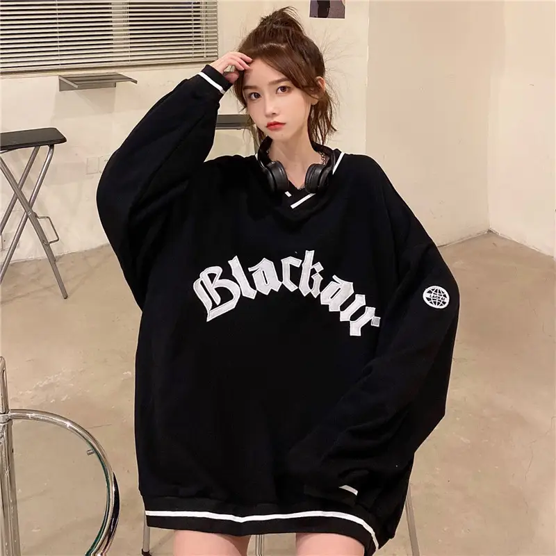 Black Star V-Neck Sweatshirt Women 2022 Winter - Image 4