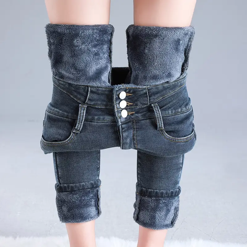 Fleece Jeans Women's Winter Warm Slimming Knee High Pants - Image 6