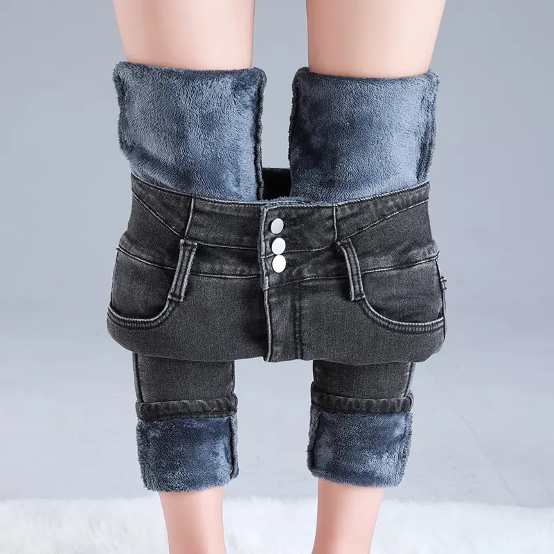 Fleece Jeans Women's Winter Warm Slimming Knee High Pants - Image 7
