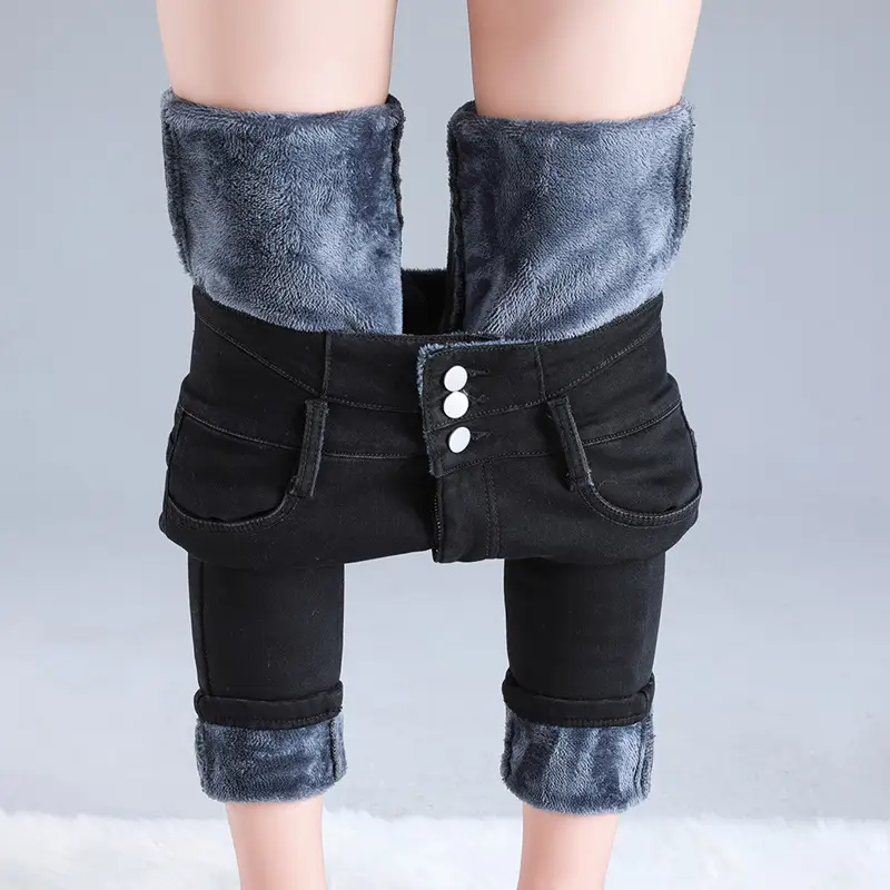Fleece Jeans Women's Winter Warm Slimming Knee High Pants - Image 8