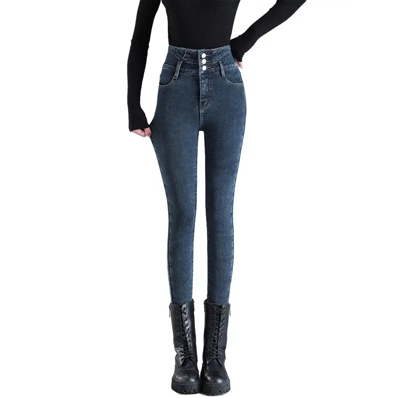 Fleece Jeans Women's Winter Warm Slimming Knee High Pants - Image 9
