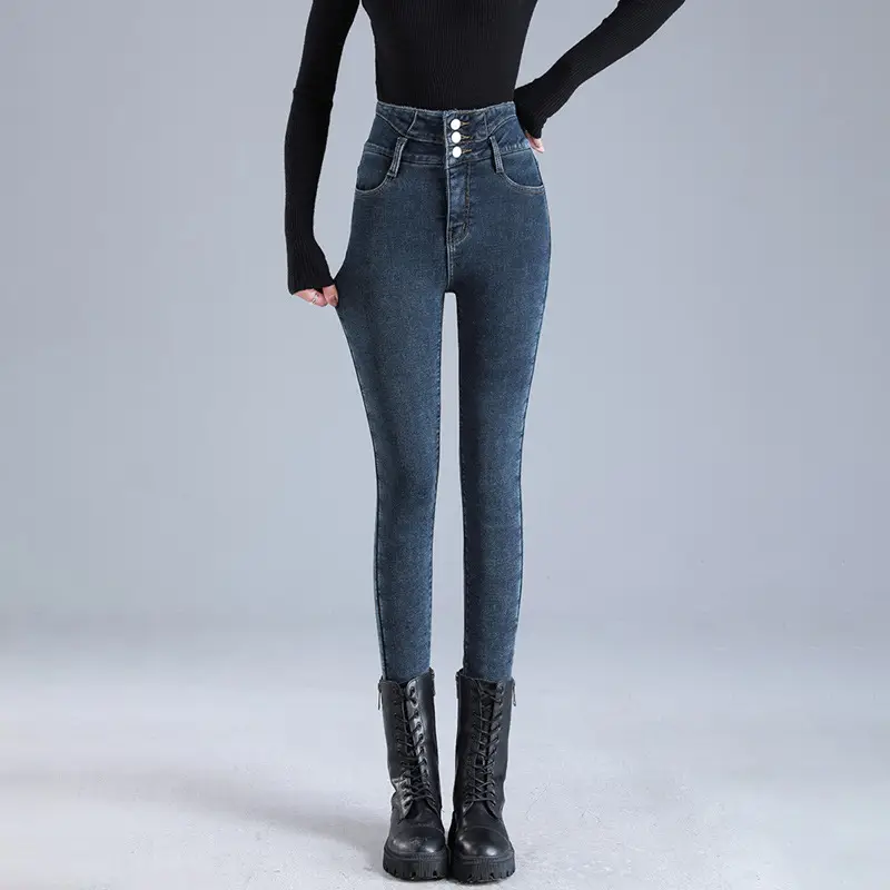 Fleece Jeans Women's Winter Warm Slimming Knee High Pants - Image 2