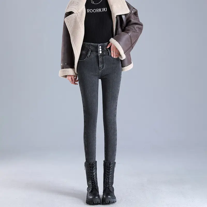 Fleece Jeans Women's Winter Warm Slimming Knee High Pants - Image 3
