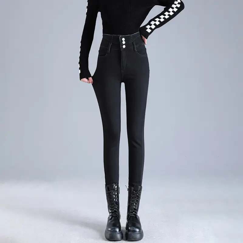Fleece Jeans Women's Winter Warm Slimming Knee High Pants - Image 4