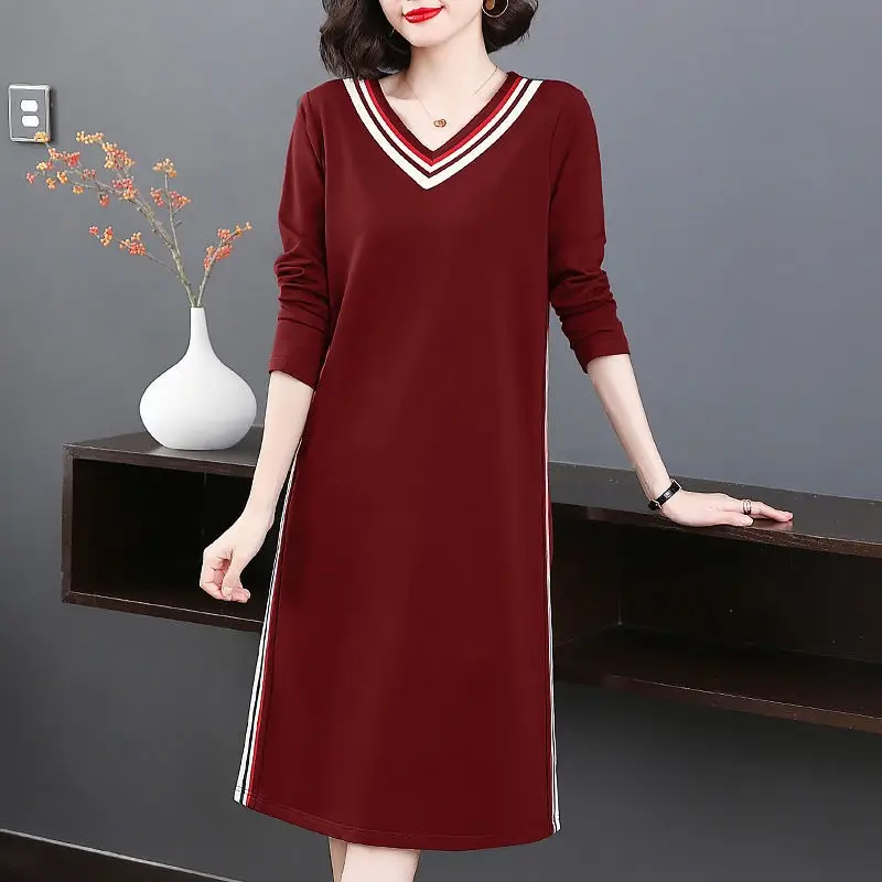 Long Sleeve V-Neck Dress Navy Blue Slimming Plus Size - Image 6