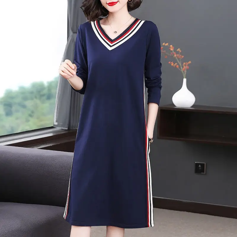 Long Sleeve V-Neck Dress Navy Blue Slimming Plus Size - Image 7