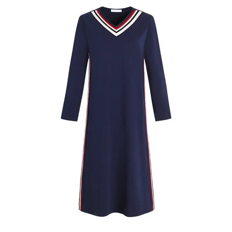 Long Sleeve V-Neck Dress Navy Blue Slimming Plus Size - Image 8