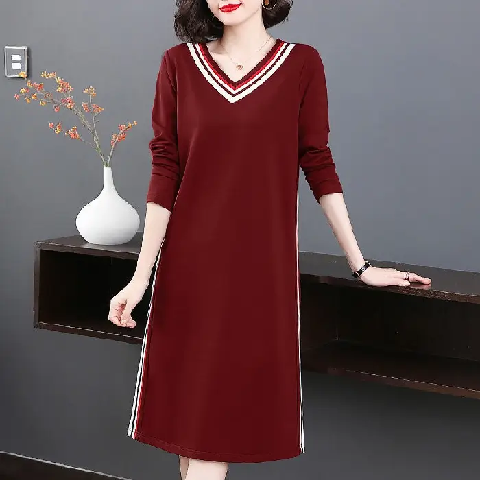 Long Sleeve V-Neck Dress Navy Blue Slimming Plus Size - Image 2