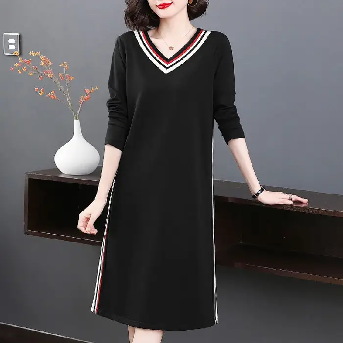 Long Sleeve V-Neck Dress Navy Blue Slimming Plus Size - Image 3