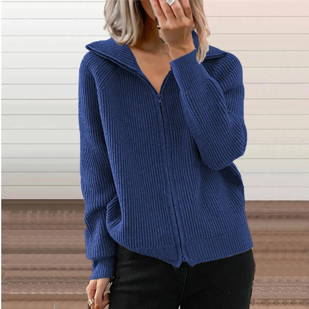 Women Striped Zipper Hoodie Grey Long Sleeve