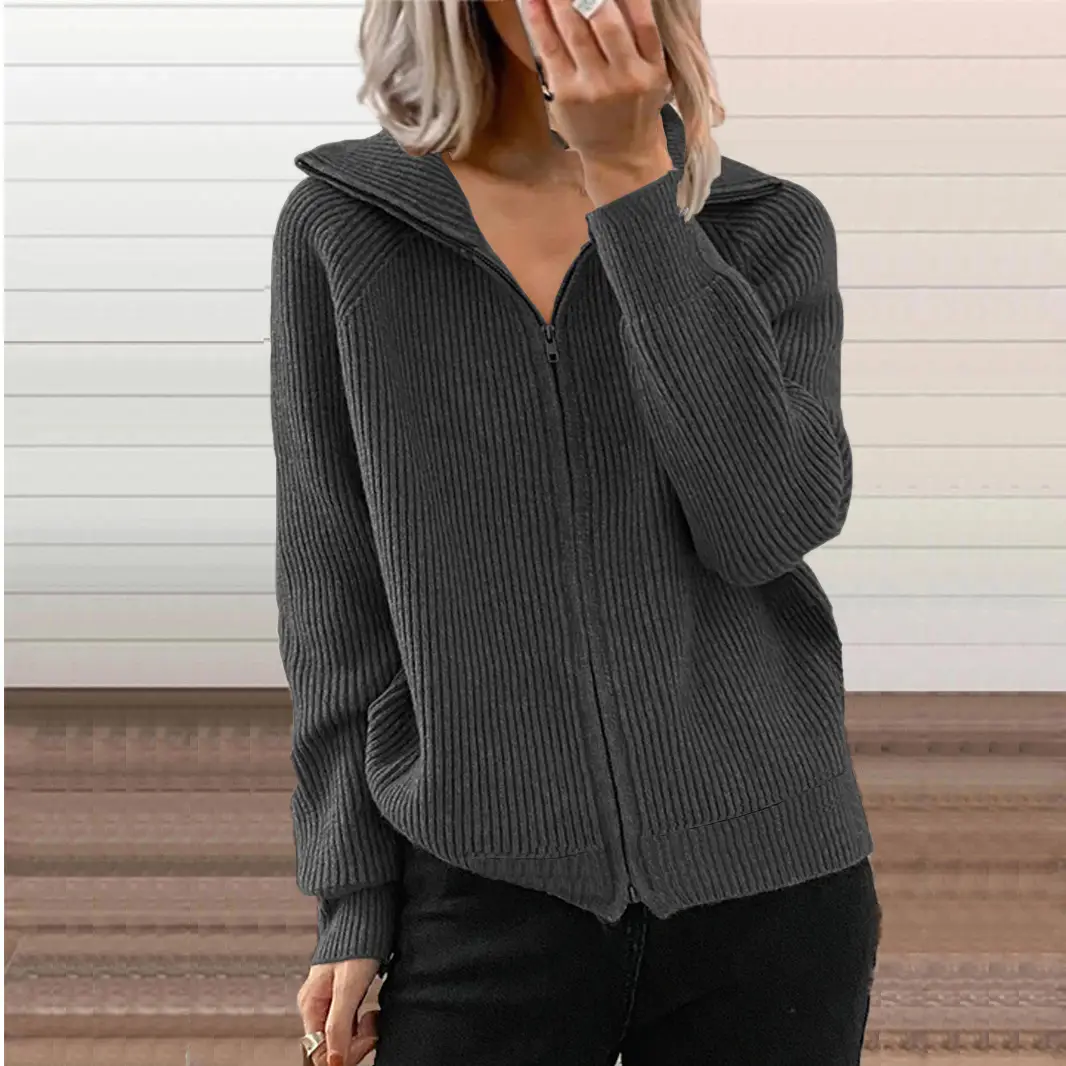 Women Striped Zipper Hoodie Grey Long Sleeve