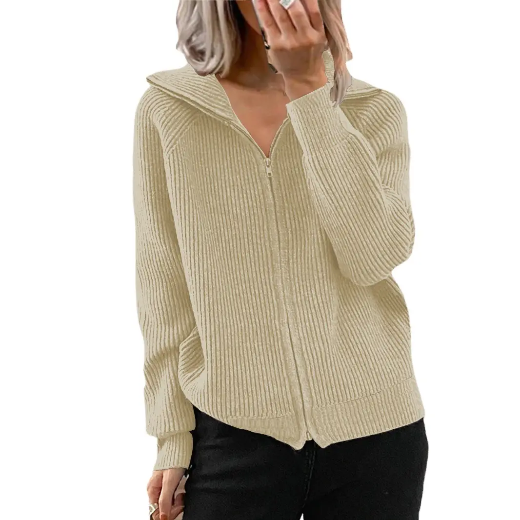 Women Striped Zipper Hoodie Grey Long Sleeve