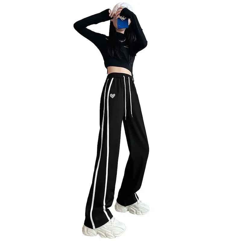 Women's Black Wide Leg Straight Cut Sweatpants 150-175 CM