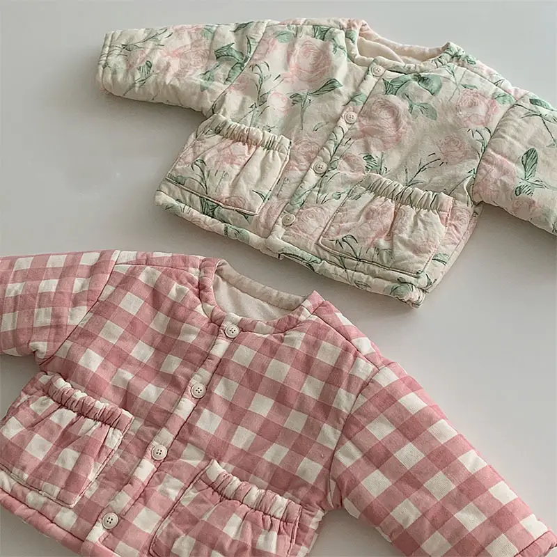 Korean Style Cotton Coat for Baby Women Pink Checkered - Image 3